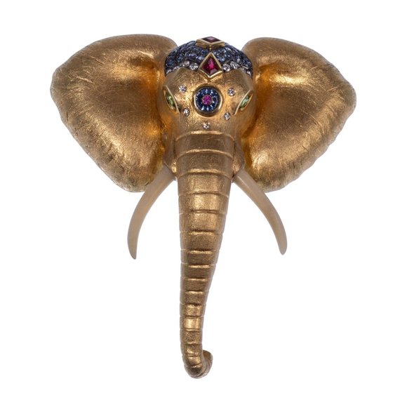 LOUIS VUITTON Authentic Brown Monogram Clutch Bag Crevoshay 18k Elephant “Surus” Brooch Pin from Masterworks: Endangered Treasury